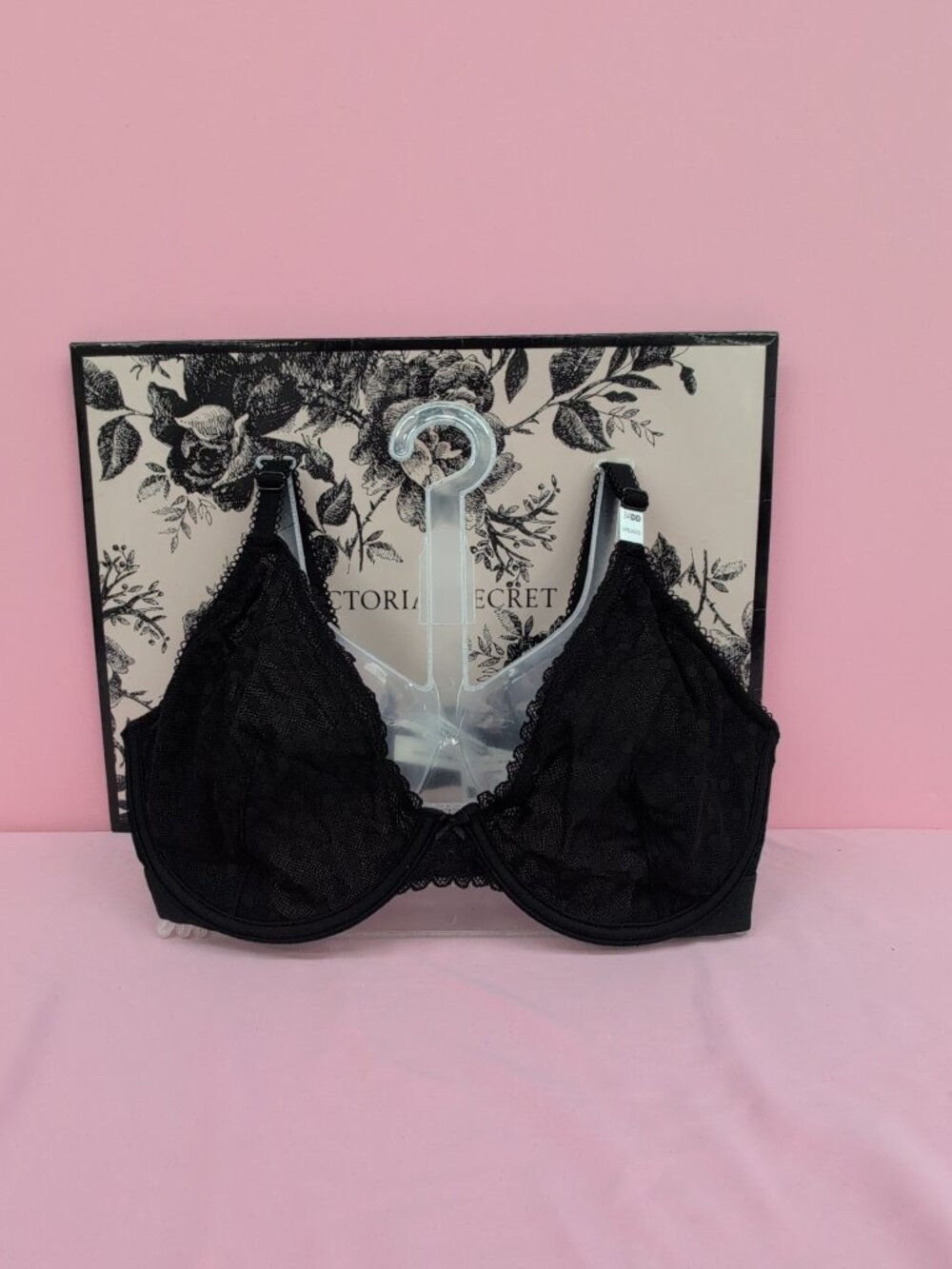Victoria's Secret PINK Wink Dainty Dot Wick Unlined Plunge Bra 34DD Pure Black